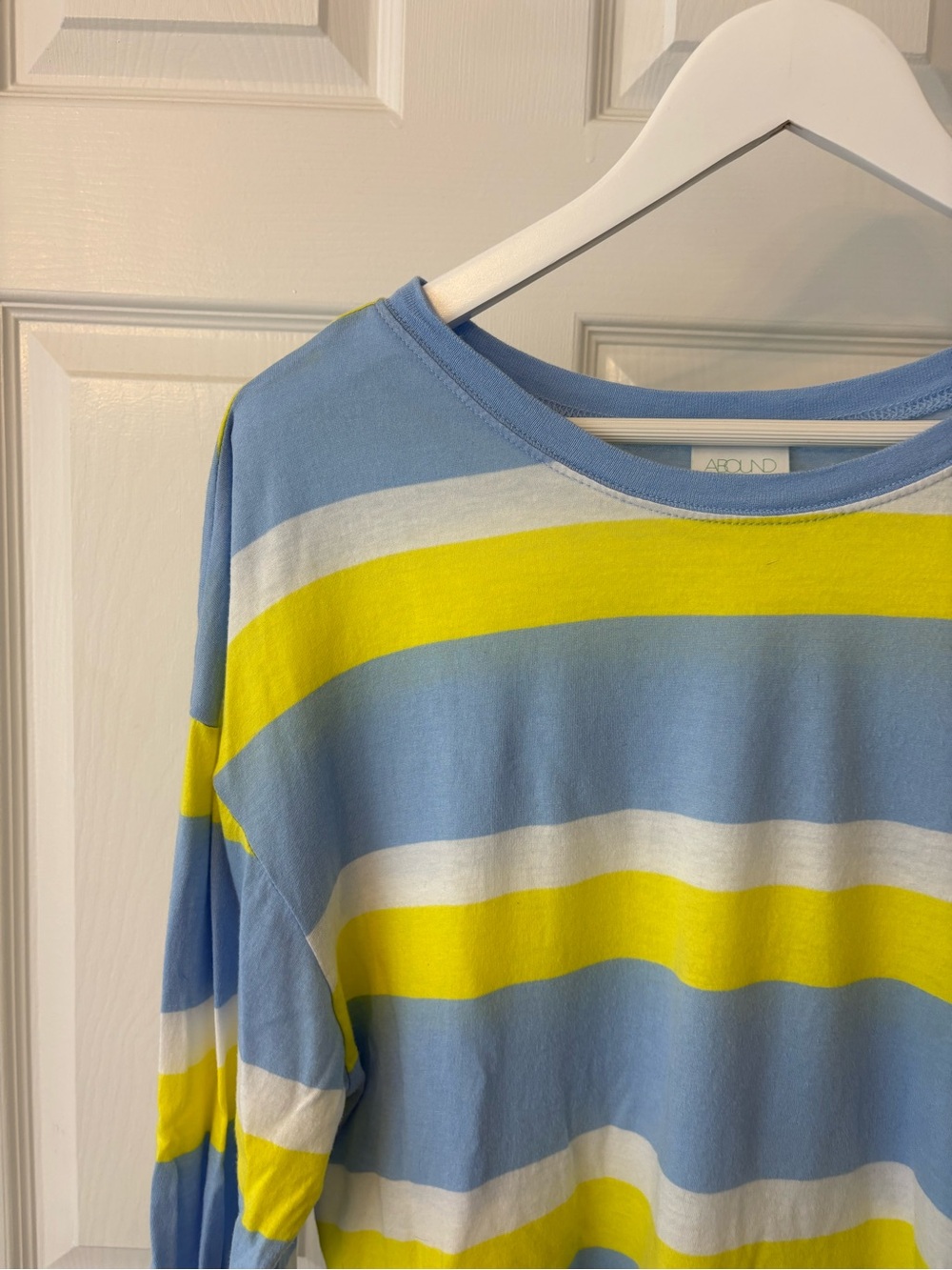 Abound Crewneck Long Sleeve Top Blue, Yellow & White Striped Small Cotton - Picture 3 of 10